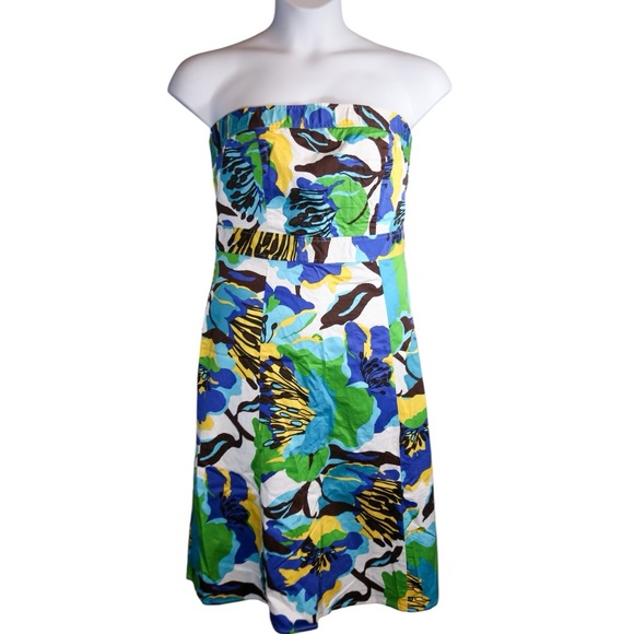 a.n.a Strapless Floral Cotton Sundress Size 16 Blue Green Yellow Fit & Flare - Picture 3 of 10